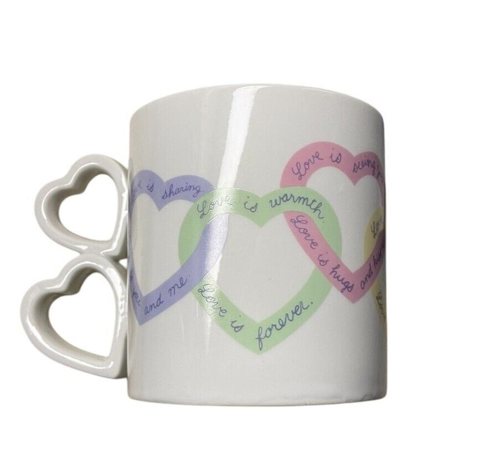 Coffee Mug Double Heart Shaped Handle Valentines Day Mug Avon “Love Is Sayings”